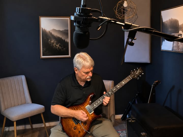 Wade playing guitar in the studio